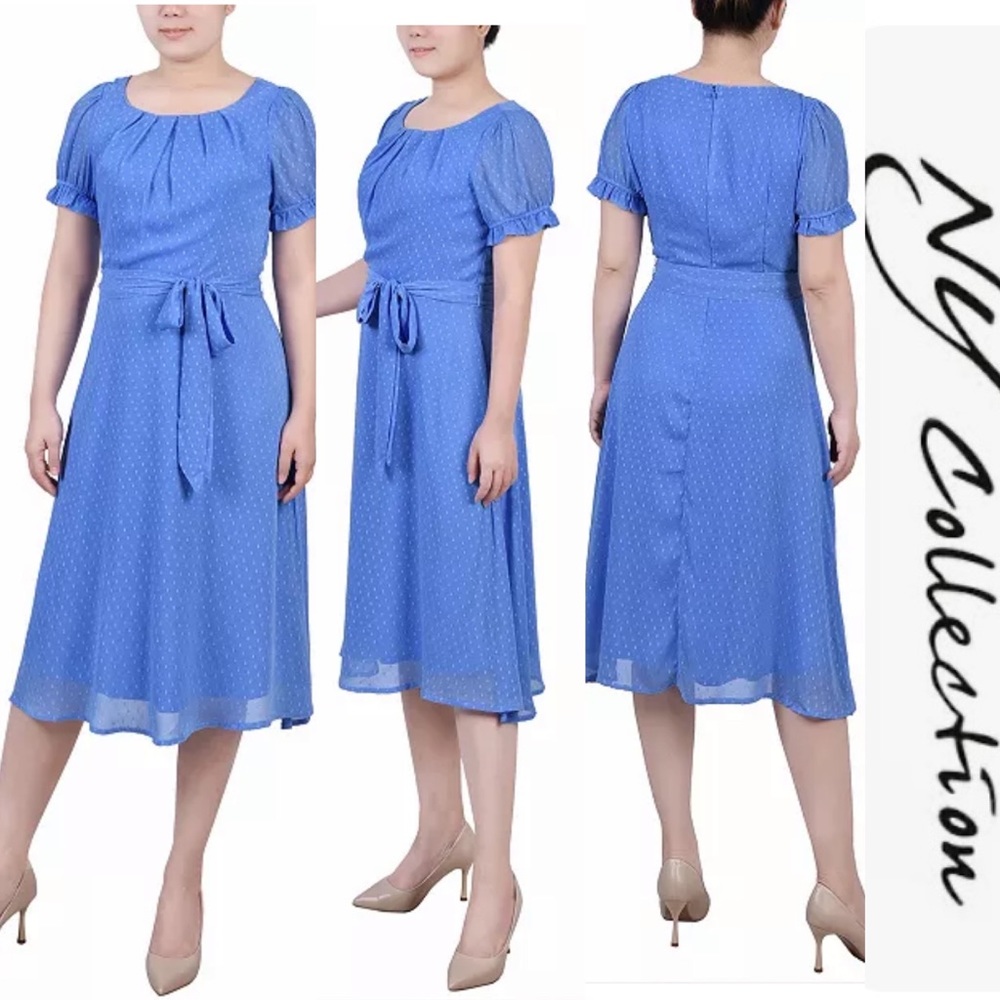 NY Collection - Blue Short Sleeve Belted Swiss Dot Dress - Medium
